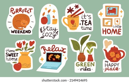 Cozy stickers. Hygge home elements. Little items compositions with funny text. Cup and teapot. Everyday things emblems. Hot drink and houseplants. Aroma candles. Vector