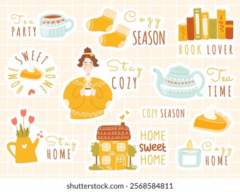 Cozy stickers set - vector elements in flat cartoon style - Home sweet home, Stay cozy with cute girl holding cup of tea or coffee, Tea time, Book lover, Cozy home. Knitted socks, teapot, candle etc