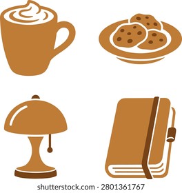 Cozy still life featuring a cup of coffee, a plate of cookies, a lamp, and a notebook