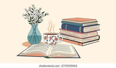 Cozy still life featuring an open book a stack of books a steaming cup of coffee and a vase of flowers.