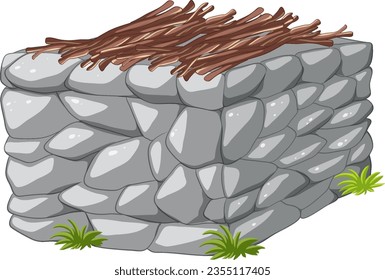 Ein gemütlicher Kamin aus Stein, der mit einem Baumzweig geschmückt ist