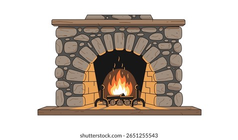 Cozy stone fireplace with crackling fireplace flames and warm hearth for winter ambiance