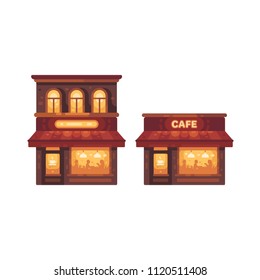 Cozy street cafe flat illustration. Two isolated cafe buildings.