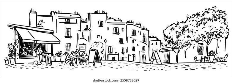 cozy street in Paris hand drawing doodle hatching vector sketch