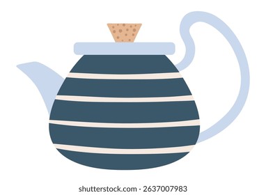 Cozy striped blue teapot with cork stopper, representing teatime, relaxation, and the warmth of a cozy home, perfect for illustrations related to beverages, hospitality, and domestic comfort