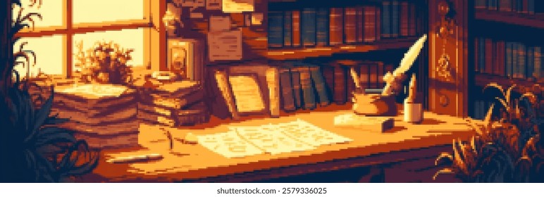 A cozy study desk with stacks of books, a quill pen in an ink pot, and scattered papers. Sunlight streams through a window, illuminating the warm, inviting atmosphere.