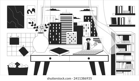 Cozy study space with bookshelves black and white lofi wallpaper. Laptop table at window evening cityscape 2D outline cartoon flat illustration. E-learning. Dreamy vibes vector line lo fi background