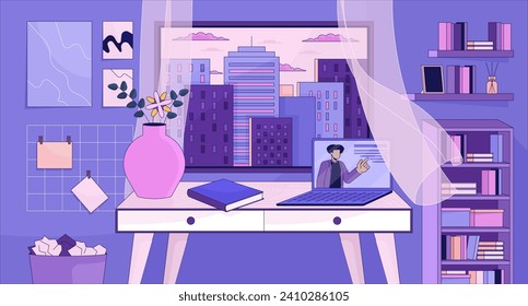 Cozy study space with bookshelves lofi wallpaper. Laptop table at window evening cityscape 2D cartoon flat illustration. E-learning. Dreamy vibes chill vector art, lo fi aesthetic colorful background