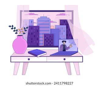 Cozy study space at window 2D linear cartoon object. Curtain blowing in wind, e learning laptop desk isolated line vector element white background. Afternoon city view color flat spot illustration