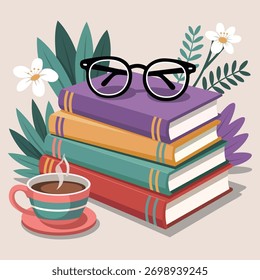 Cozy Study Time with Books Coffee and Glasses Illustration Artwork for Relaxation and Learning