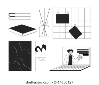 Cozy studying stationery black and white 2D line cartoon objects set. Sticky notes notebook isolated vector outline items collection. Reed diffuser, laptop monochromatic flat spot illustrations