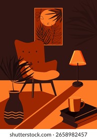 Cozy stylish evening interior with a comfortable armchair, floor lamp and books in brown shades. Vector