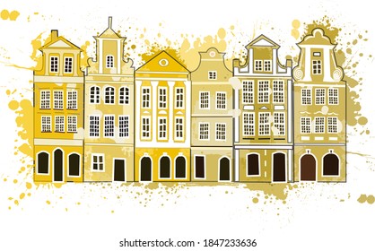 Cozy and stylish houses located on the tourist street of Europe, drawn in an abstract style with drops and blots