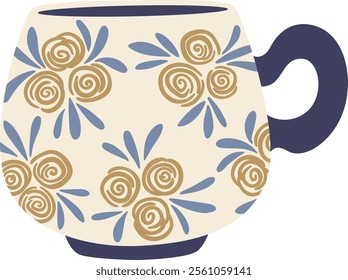 Cozy and stylish mug featuring a beige background with a repeating pattern of blue and gold roses and leaves, accented by a dark blue handle, perfect for warm beverages