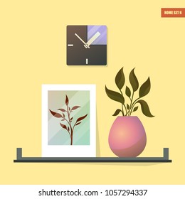 Cozy stylish set of interior decor. Photo, art, clock and flower. Cartoon illustration