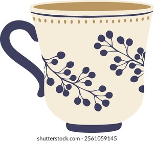 Cozy and stylish teacup featuring a delicate floral pattern and a contrasting dark handle, filled with a warm, inviting beverage, perfect for a relaxing moment