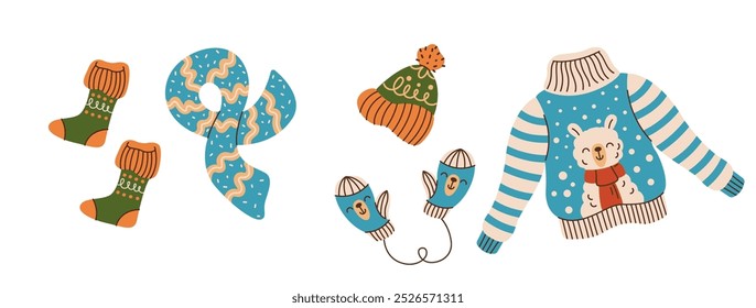 Cozy stylish winter clothes flat color vector objects set. Sweater hat scarf mittens and socks to keep warm illustrations on white background