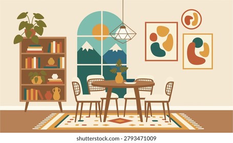 A cozy stylized living space featuring a round table chairs bookshelf and decorative pieces. Ideal for interior design lifestyle and home decor concepts.