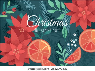 cozy stylized vintage christmas card with bright colors and floral elements and watercolor texture