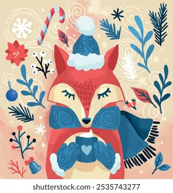 cozy stylized vintage christmas card fox, with bright colors and floral elements and watercolor texture	