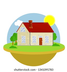 Cozy suburban house. Element of urban landscape. Small town and white house. Building with red roof and porch. Cottage and Villa with green trees.