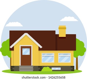 Cozy suburban house. Element of urban landscape. Small town and yellow house. Cottage and Villa with green tree and blue summer sky. Building with brown roof and porch