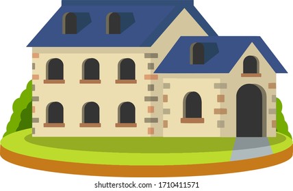 Cozy suburban house. Small town and white house. Building with Blue roof. Cottage and Villa on green platform. Element of urban landscape