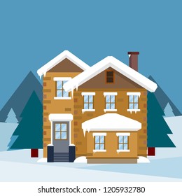 Cozy suburban house. Winter landscape with forest and trees. Small town.
