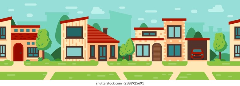 Cozy suburban neighborhood with colorful residential houses, green trees, and a red car parked in a garage, representing community living and the comforts of home