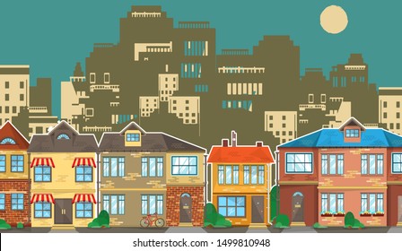 Acogedor barrio suburbano con cabañas de dos plantas en el marco de oscuras siluetas de una metrópolis moderna. Casas de ladrillo de colores sobre un fondo de rascacielos de hormigón. Ilustración del vector