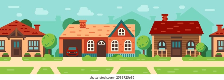 Cozy suburban street with detached houses and green trees showing a quiet residential area with parked car under blue sky with some clouds, ideal for real estate and lifestyle concepts
