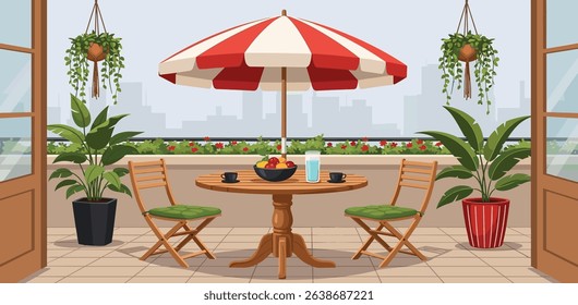 Cozy summer balcony with parasol, small table, chair and pots of flowers. Summer time Idyllic seating in the terrace with drink. Home garden and cute exterior design. Vector flat illustration