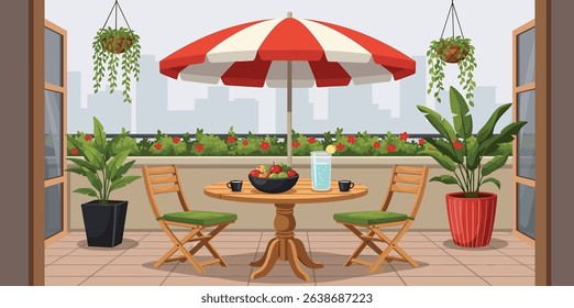 Cozy summer balcony with parasol, small table, chair and pots of flowers. Summer time Idyllic seating in the terrace with drink. Home garden and cute exterior design. Vector flat illustration