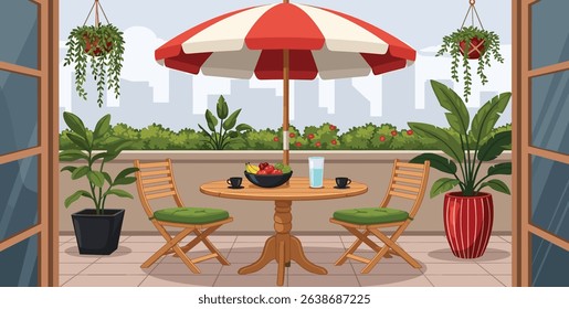 Cozy summer balcony with parasol, small table, chair and pots of flowers. Summer time Idyllic seating in the terrace with drink. Home garden and cute exterior design. Vector flat illustration