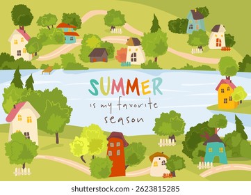 Cozy summer countryside village surrounded by a garden and trees. Cartoon vector illustration design for eco-friendly lifestyle, outdoor relaxation.
