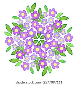 Cozy summer mandala. Bouquet of flowers and leaves in boho style. Flowers in shadows of violet on white background. Romantic graceful floral illustration. Delicate spring round ornament