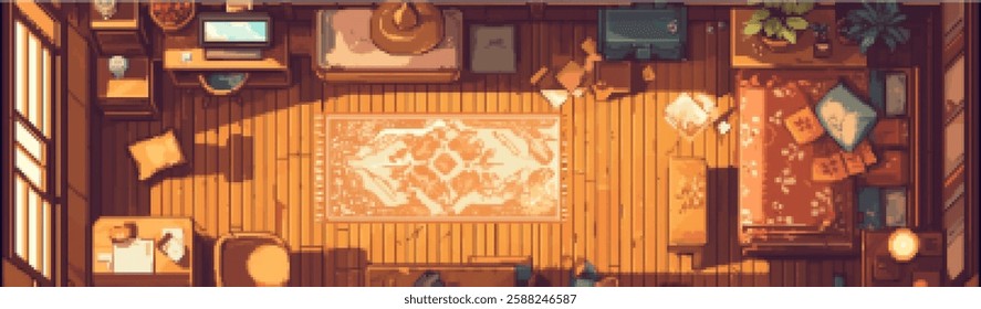 A cozy, sunlit room with wooden floors, a large rug, and various furniture pieces including a bed, desk, and plants. The atmosphere is warm and inviting, with scattered books and a laptop on the desk.
