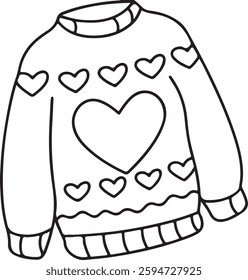 Cozy Sweater Coloring Page, Cute Heart Design, Winter Fashion Illustration, Kids And Adults, Printable Art, Black And White Line Drawing