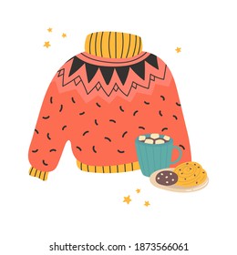 Cozy sweater with a cup of cocoa or coffee for postcard. Poster with home winter attributes. Template for greeting, congratulations, invitations, stickers, vector icon. Flat colorful illustration. 
