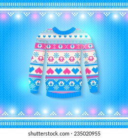 Cozy sweater on knitted blue background with Christmas lights borders. Winter design. Vector illustration.