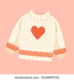 Cozy sweater vector illustration. Vector autumn sweater with a heart design, ideal for fall fashion and cozy seasonal illustrations. Perfect for clothing designs and comfortable autumn looks.