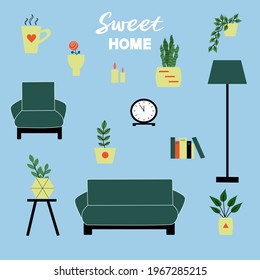 Cozy sweet home flat set. Vector illustration.