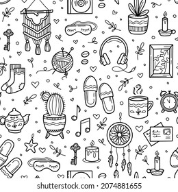 Cozy and sweet home vector seamless pattern with doodle hand drawing icons of plants, candles and cute objects.