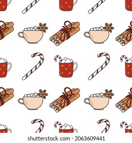 Cozy sweet seamless pattern. Cute elements: cups, candy, cinnamon. Nice illustration for menu, packaging, wrapping paper