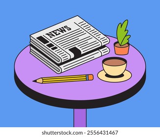 Cozy table work space with newspaper, coffee, and potted plant in cartoon retro vintage hand drawn illustration vector design