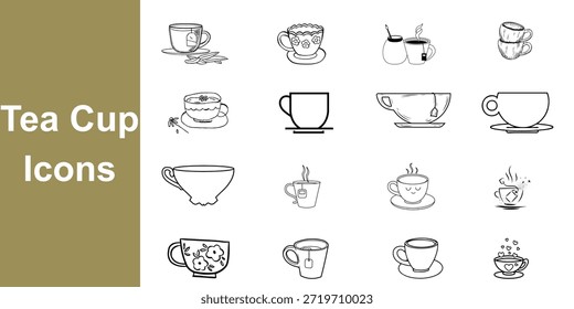 Aconchegante chá e café tempo ícone coleção: mão-desenhado arte de linha minimalista