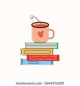 Cozy Tea Cup on Stack of Books – Cute Vector for Reading, Study, and Relaxation