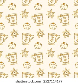 Tazas de té acogedoras, muffins otoño Doodle Sketch iconos de fondo de patrón sin fisuras. Casa de campo Elementos de diseño de otoño Ilustración vectorial de impresión de tela Antiguas estilo retro