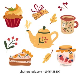 Cozy tea party. Tea set: teapots, pumpkin pie, muffin, cup of hot tea, jam and cinnamon. Tea service, garden flowers and snacks. Vector flat illustration.