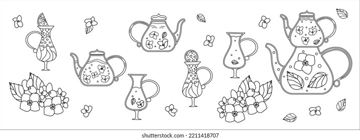 Cozy Tea Party Set: Teapots, Cups, Desserts, Flower Tea, Flowers, Leaves